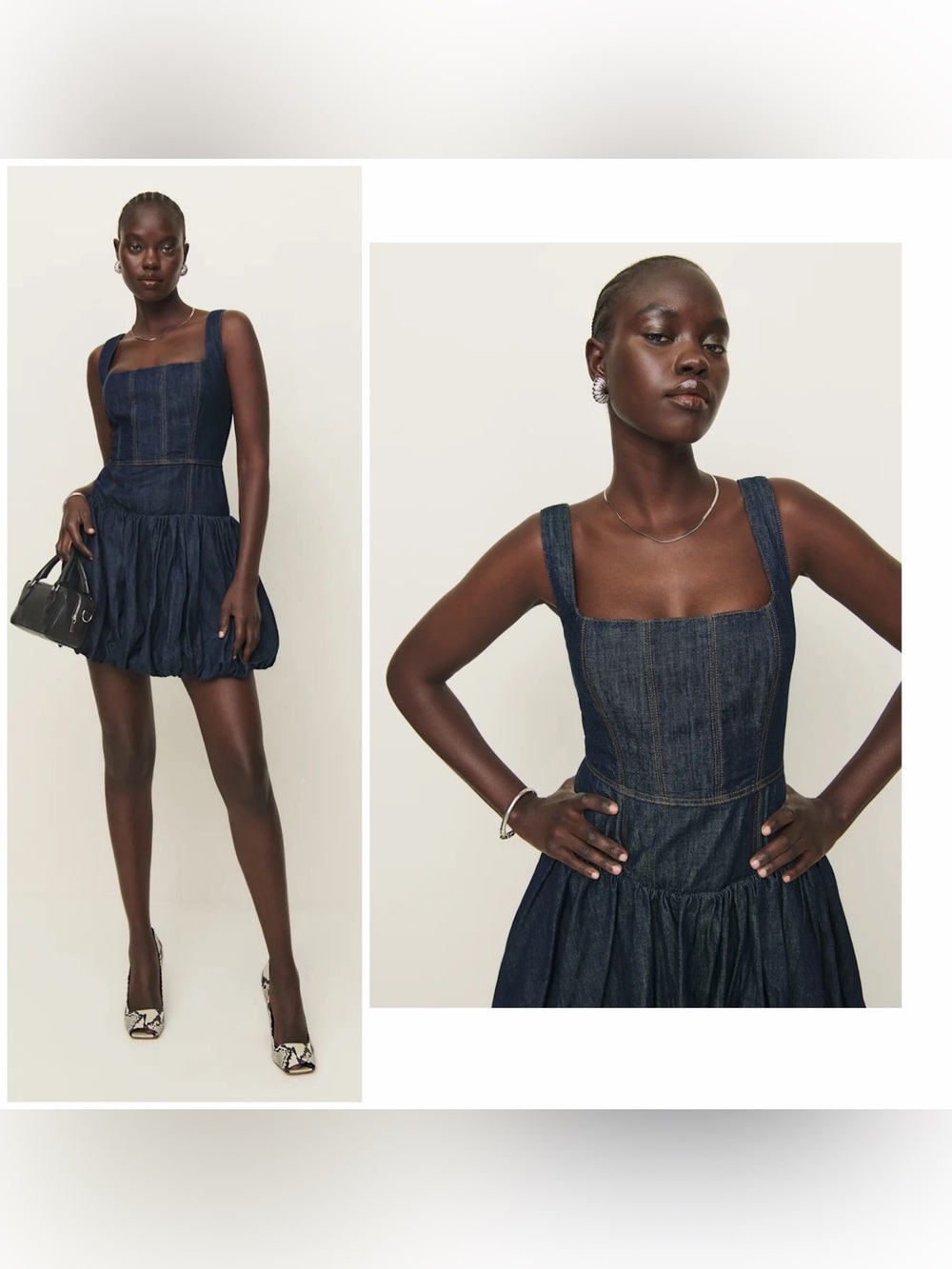 Reformation DELIA DENIM MINI DRESS Bubble Skirt Sleeveless Blue Sz 8 NWT